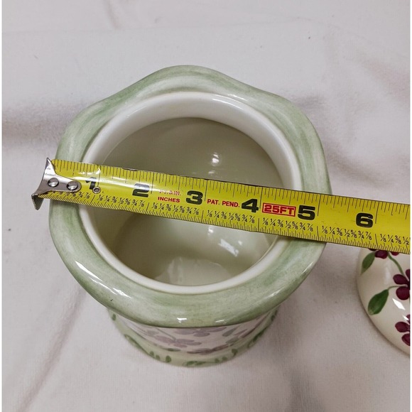 Vntg Hand Painted Ceramic Canister w Lid Butterfly Berries Flowers WHITE GREEN - Picture 12 of 16